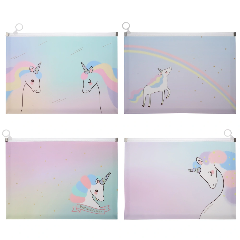 4pcs Zipper Pouches Waterproof A4 File Bags Unicorn Pattern Document Holders