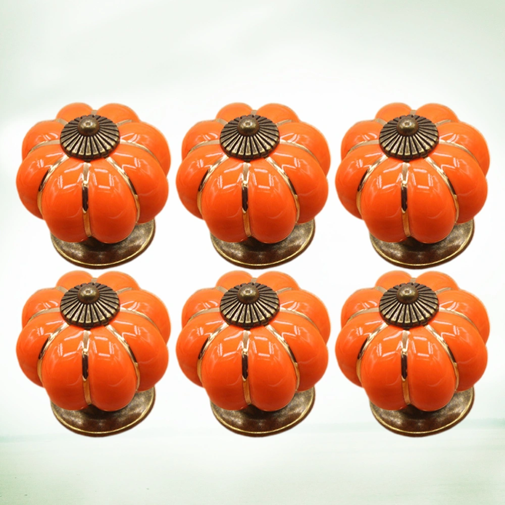 6pcs Cartoon Ceramic Knobs Handle Pumpkin Design Drawer Knobs Door Handle Knob for Cabinet Furniture (Orange)