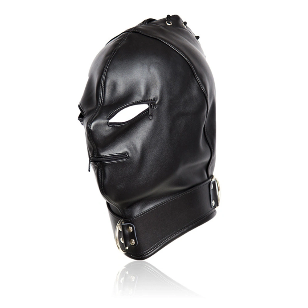 Adjustable PU Leather Head Bondage Hood Mask Open Eye Mouth with Zipper Erotic Couple Flirting Toys