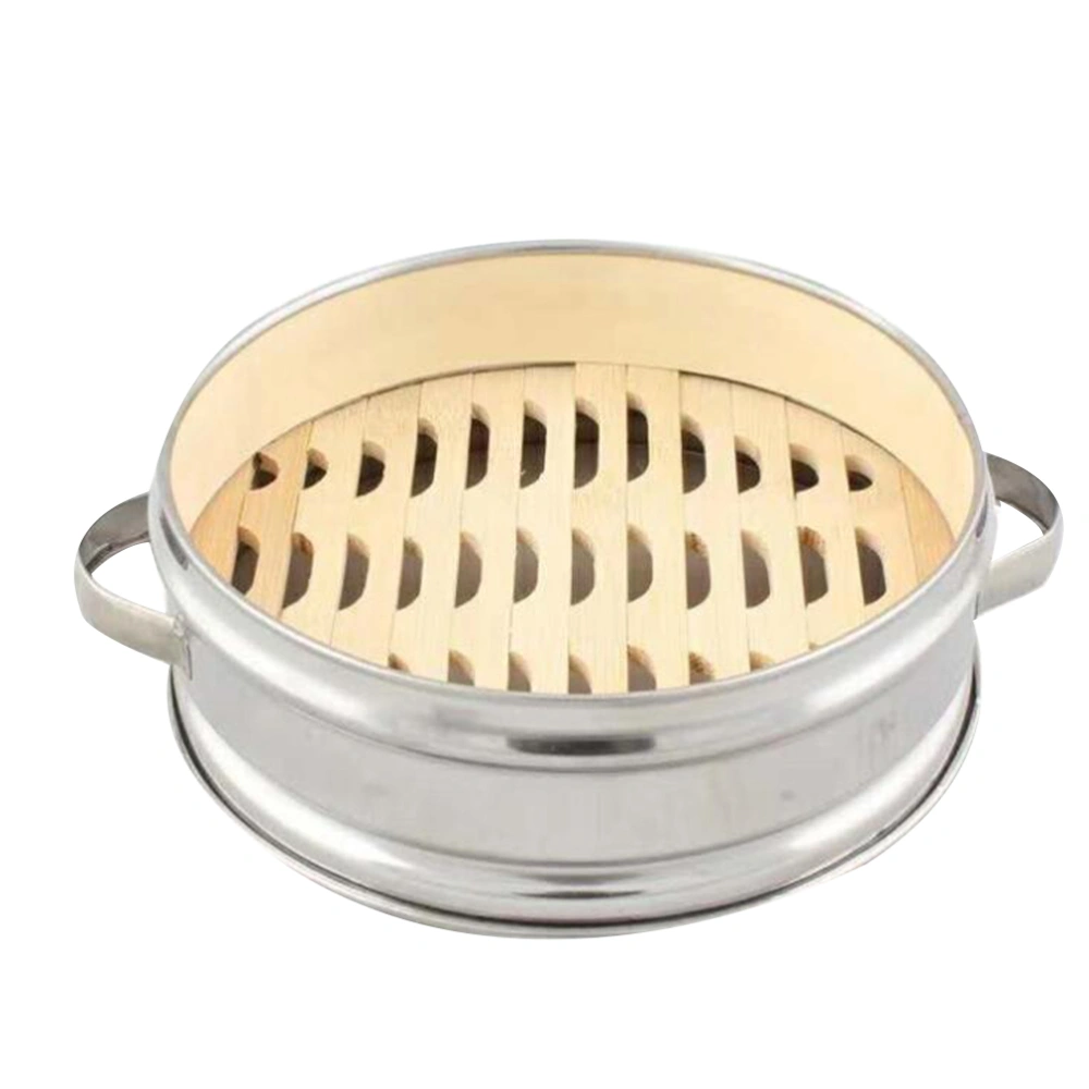 Two Handles Stainless Steel Steamer Basket Bamboo Bottom Steam Rack Portable Steamer Box for Steamed Buns Kitchen (20cm) 