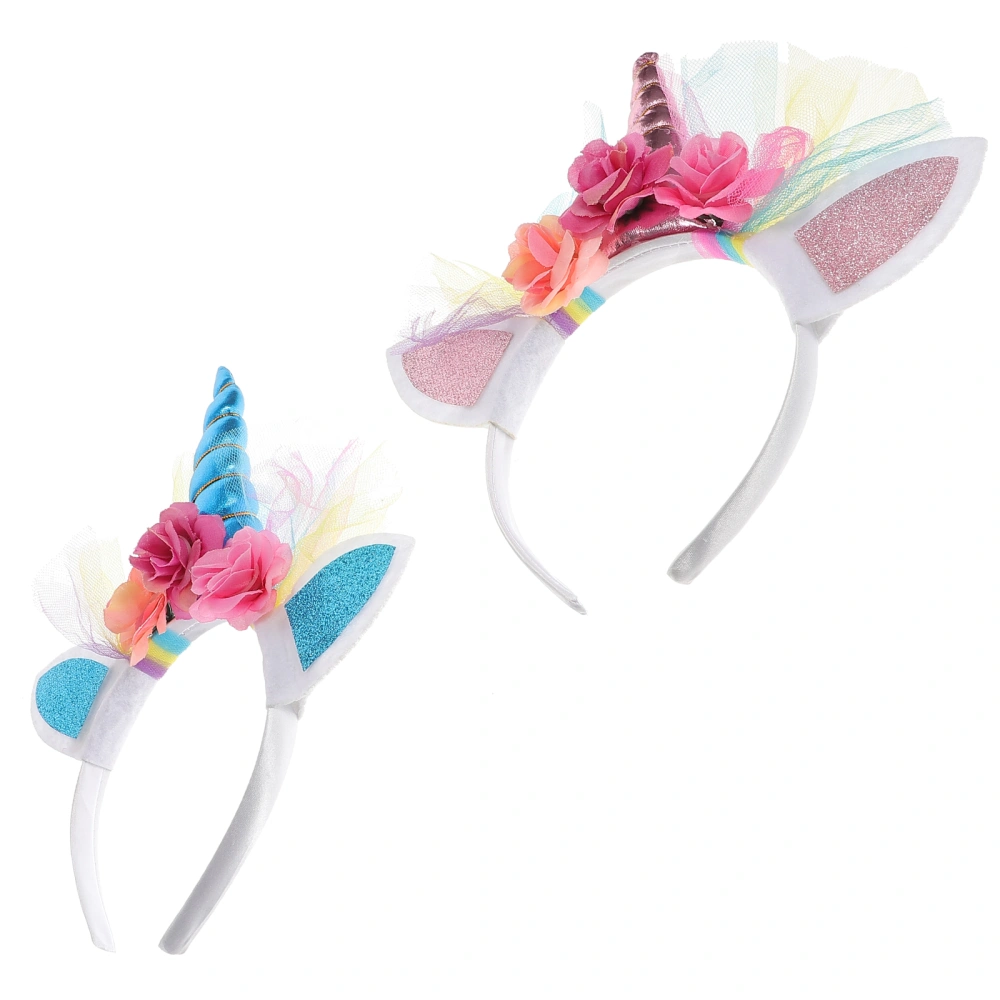 2pcs Unicorn Headband Mesh Flower Hair Bands Cat Ears Colorful Flower Unicorn Hair Glitter Headdress Party Hair Accessories for Girls Kids (Blue Unicorn, Purple Unicorn)