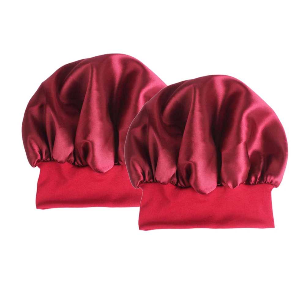 2pcs Wide Side Elastic Nightcap Satin Sleeping Hair Loss Caps Chemotherapy Hats Beanie with Elastic Band for Women and Girls Size M 56-58CM (Wine Red)