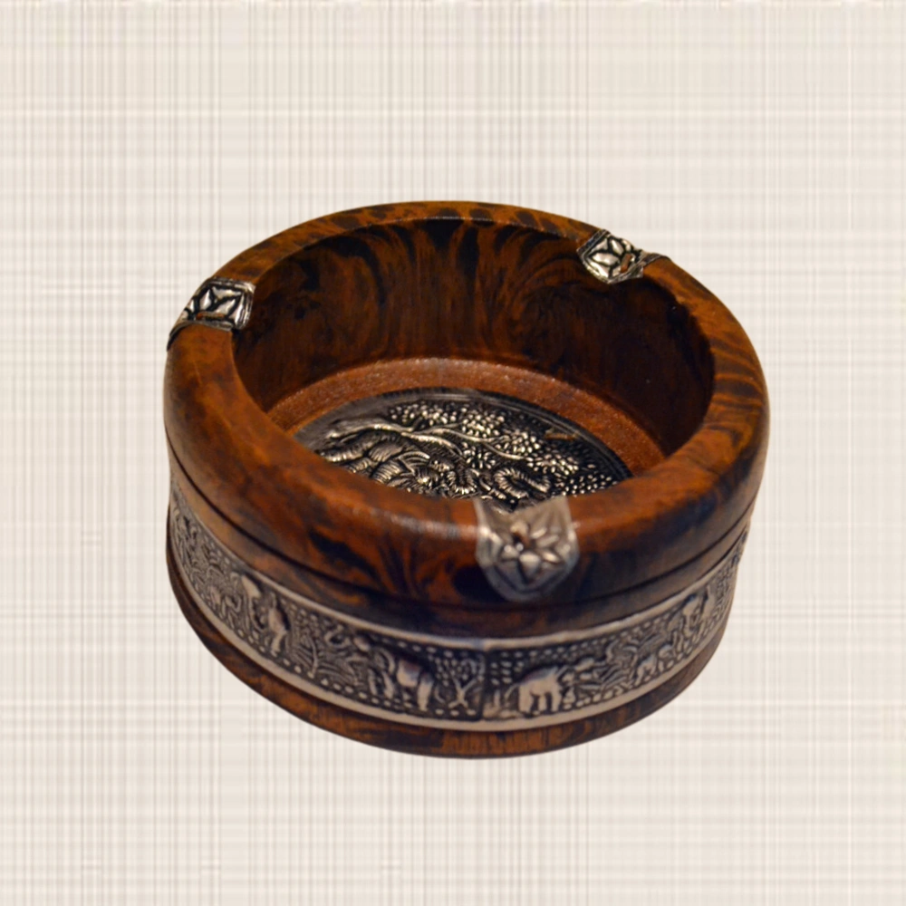 Round Wooden Cigarette Ashtray Vintage Ash Tray Case Elephant Pattern Table Decoration for Home Office (No.3)