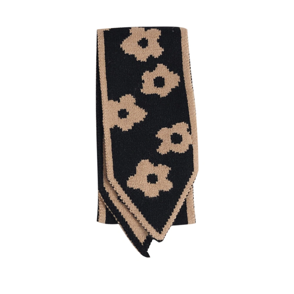 Knitted Scarf Fashion Flower Pattern Neckerchief Narrow Warm Scarves Muffler for Women Dressing Decoration (Black Khaki)