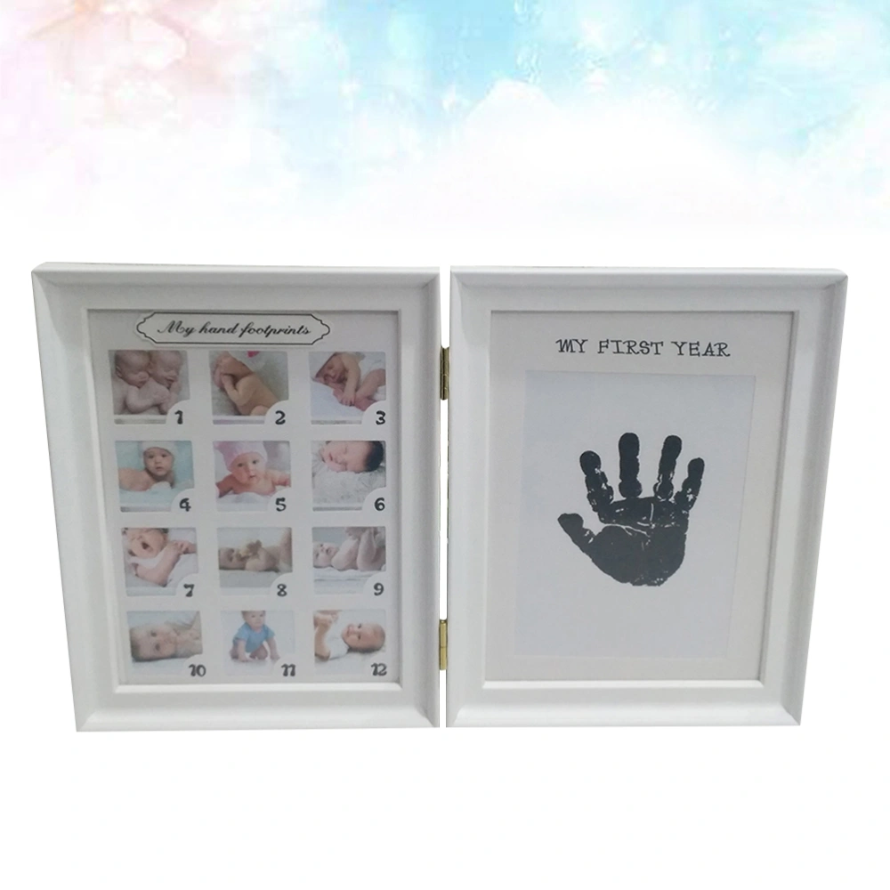 12 Months Baby Hand and Foot Seal Photo Frame Home Adornment Table Accessory Desktop Decor for Home Office (White, Suitable for 4 x 4cm Photo)