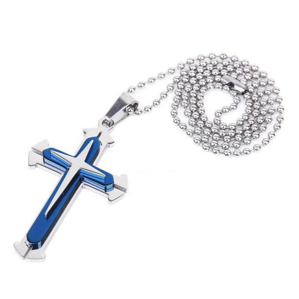 Unisex Stainless Steel Cross Crucifix Pendant Necklace (Blue)