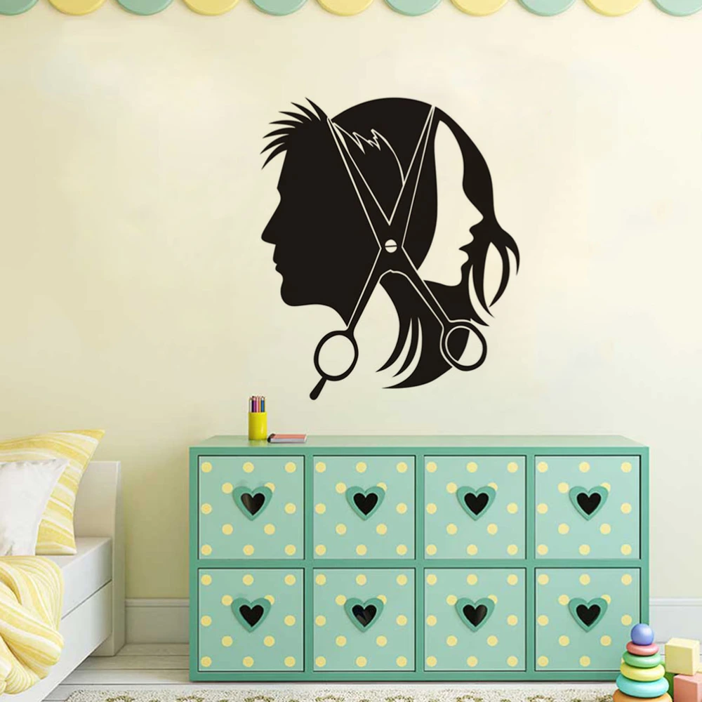 Creative Men Women Haircut Silhouette Wall Paste Salon Wall Sticker Wall Declas Hairdressing Sticker for Home (Black)