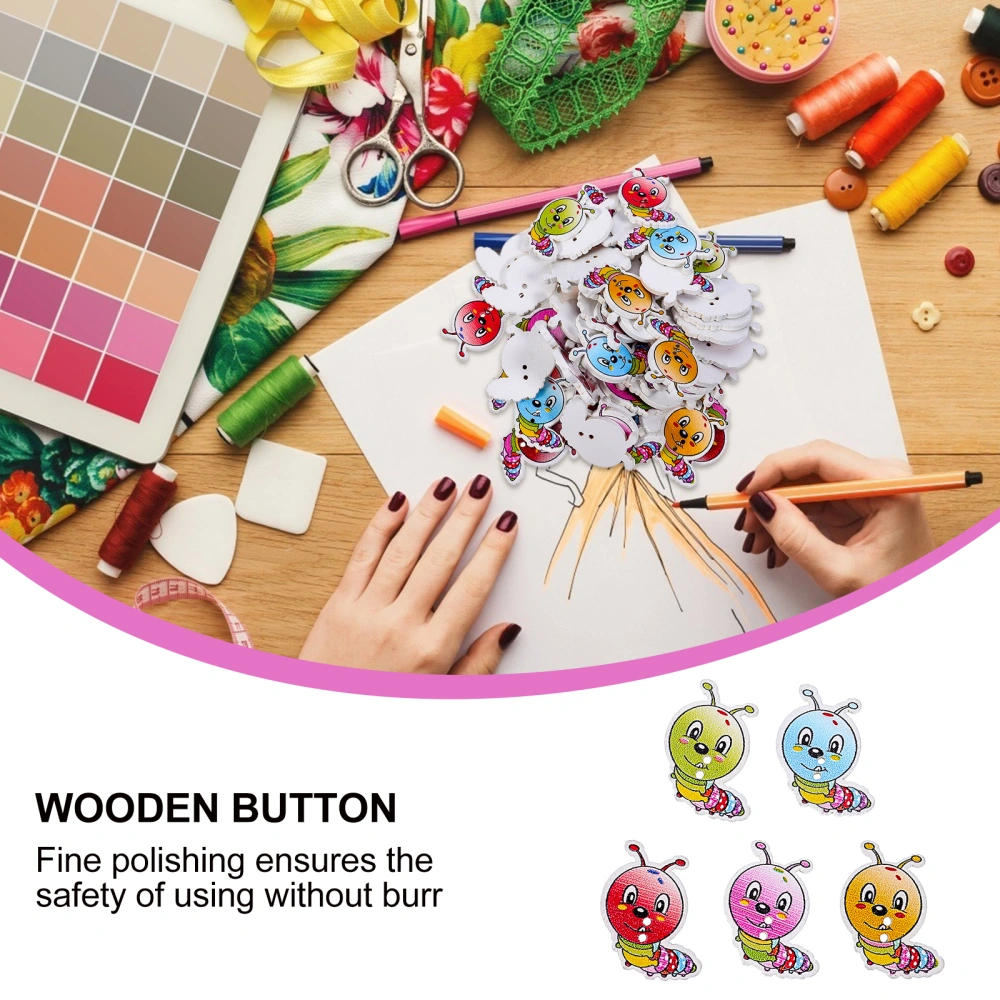 100 Pcs Caterpillar Shape Wooden Buttons Color Painting Buttons Clothes Buttons