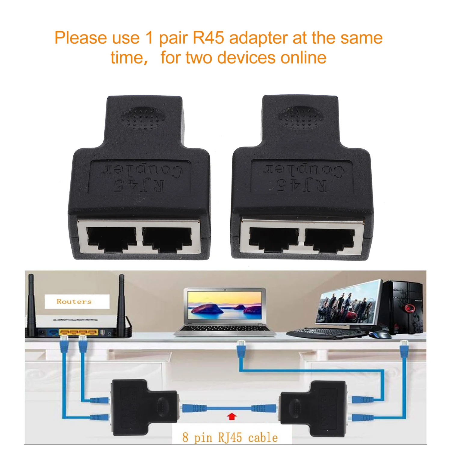 2pcs Ethernet Splitter Cable Adapter RJ45 Ethernet Cable Splitter Adapter
