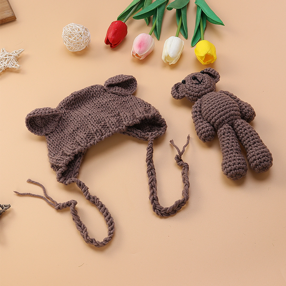 Newborn Photography Props Knitted Hat Boys Girls Photo Shoot with Crochet Toy Bear (Khaki)