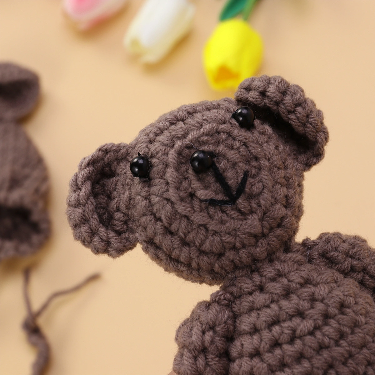 Newborn Photography Props Knitted Hat Boys Girls Photo Shoot with Crochet Toy Bear (Khaki)