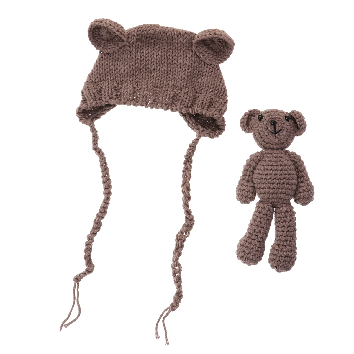 Newborn Photography Props Knitted Hat Boys Girls Photo Shoot with Crochet Toy Bear (Khaki)