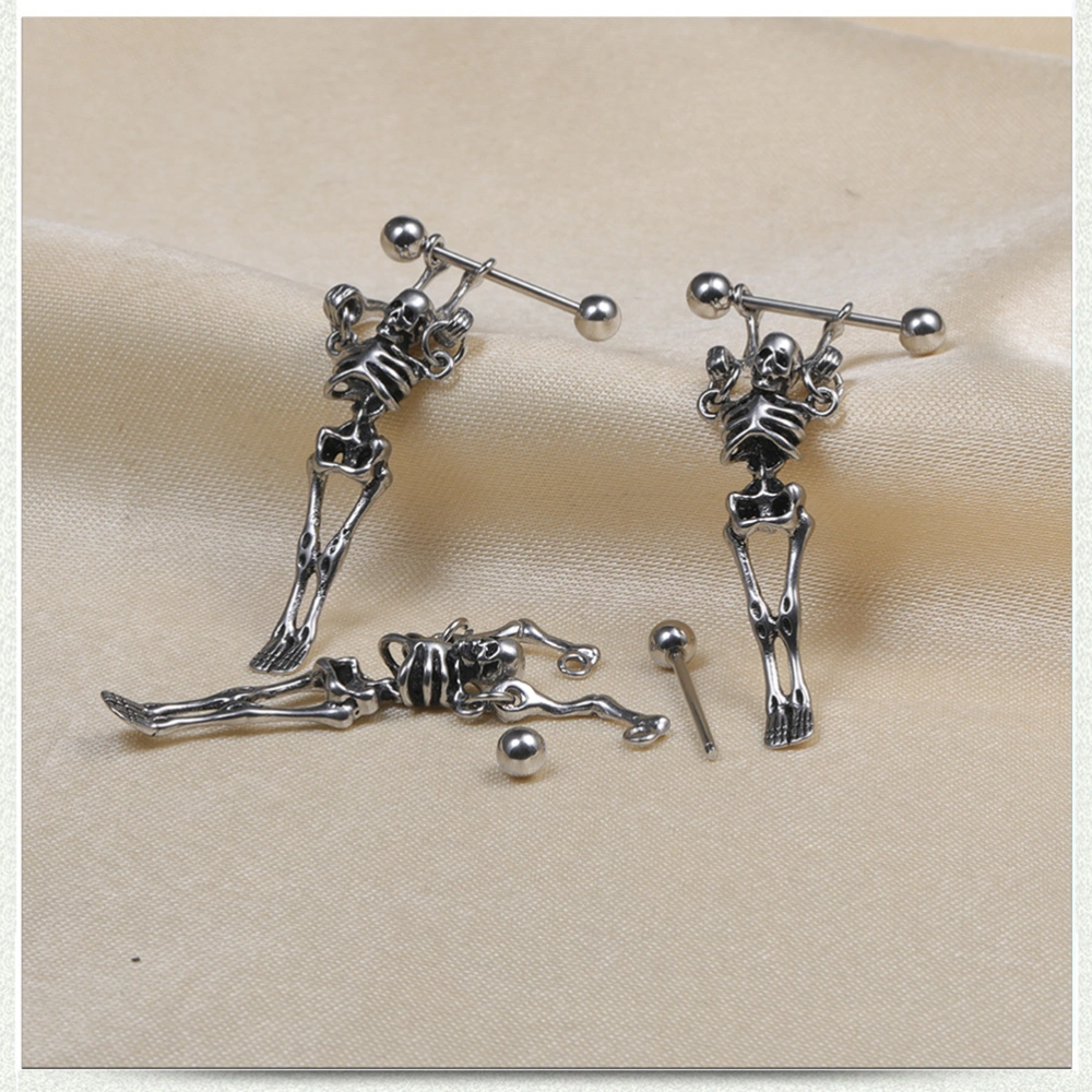 2pcs Skull Eardrop Metal Skeleton Funny Spoof Personality Eardrop Jewelry Earring for Man (Silver)