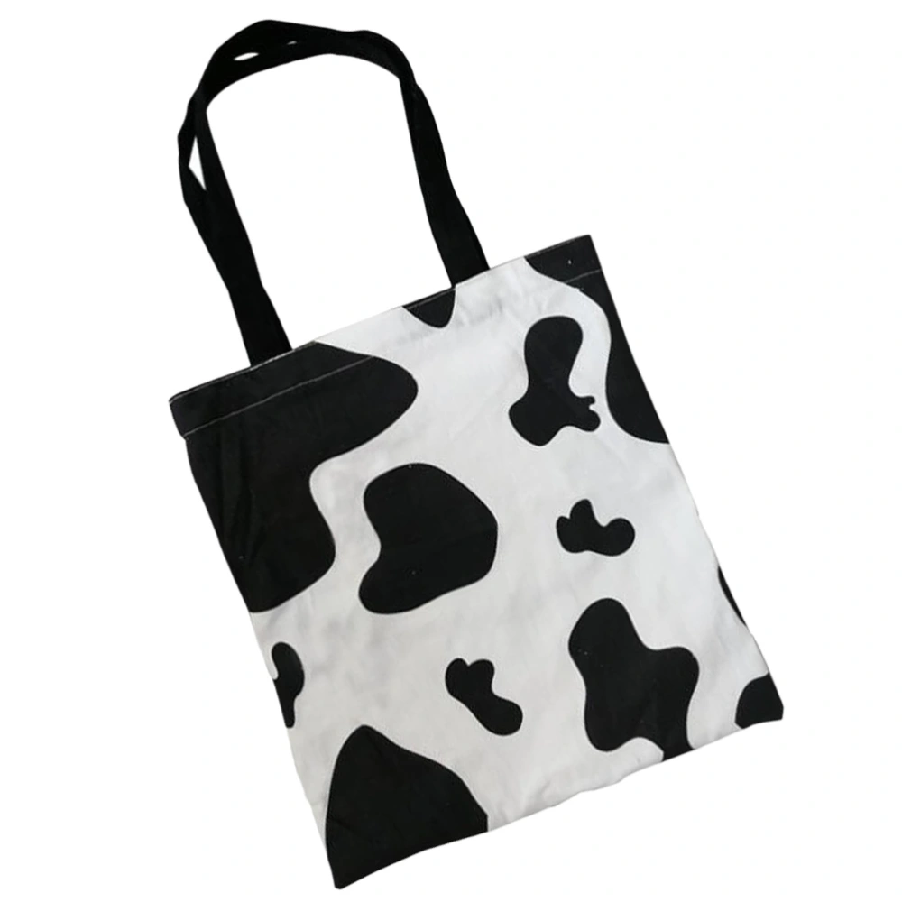 1pc Printed Canvas Bag Shopping Bag Tote Bag Milk Elements Simple Shopping Pouch Zipper Bag for Girls Students (Black White)