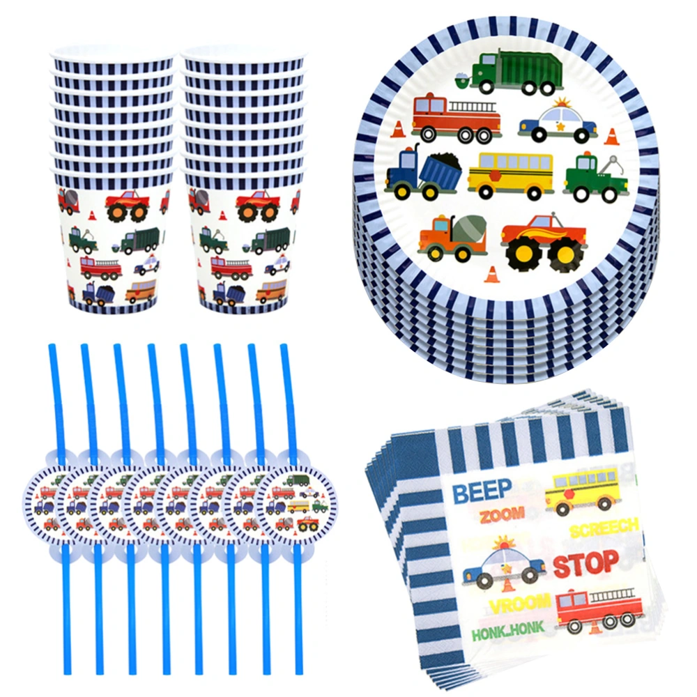 50pcs in 1 Set Engineering Vehicle Theme Disposable Tableware Paper Cup Plates Dinnerware Set Car Printing Napkins Straw Set Baby Boy Birthday Party Supplies