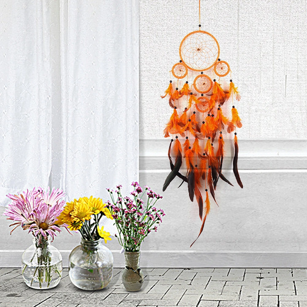 Orange Dream Catcher Handmade Dreamcatcher with Feather Wall Hanging Home Car Decor Mascot Gifts