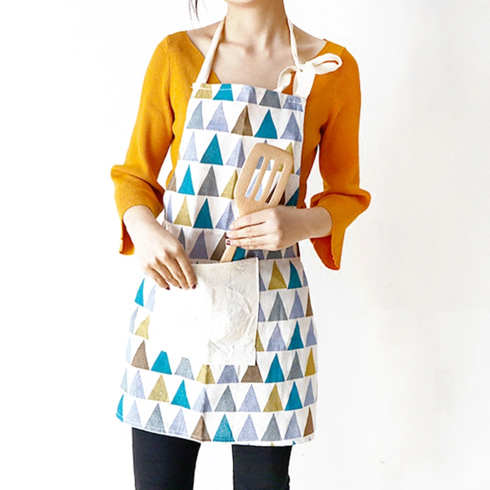 Japanese Style Cotton Linen Printed Apron Oilproof and Dirt Proof Hanging Neck Apron Kitchen Cooking Apron (Colorful Triangle Pattern)