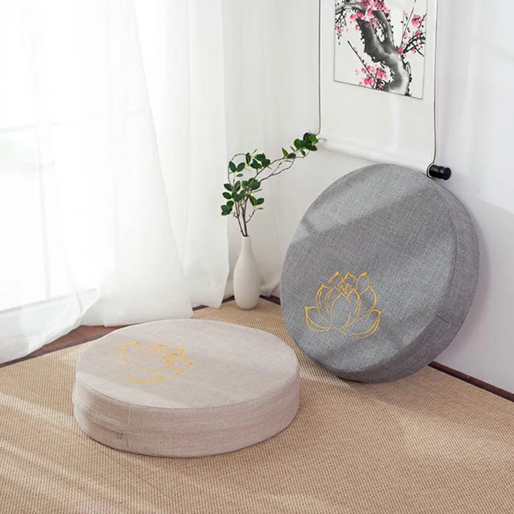 Round Floor Pillow Cushion Linen Seat Cushion Tatami Mat for Balcony Window (Beige)