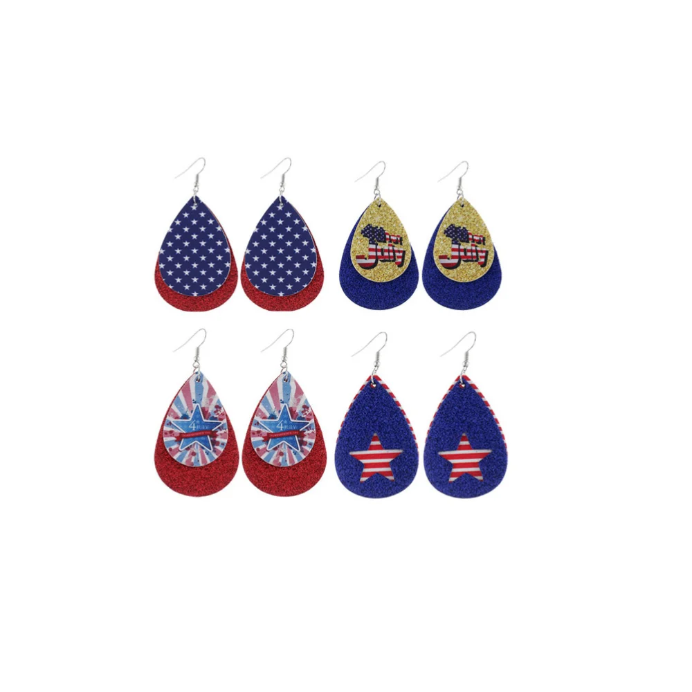 4 Pairs Waterdrop Shape Earrings Independence Day Flag Design Ear Stud PU Leather Earbobs Double Layer Jewelry Pentagram Dangler Decor for Lady Girl(Random Pattern)