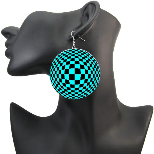 Optical illusion trippy checkerboard earrings in bright cyber cyan blue look 3D