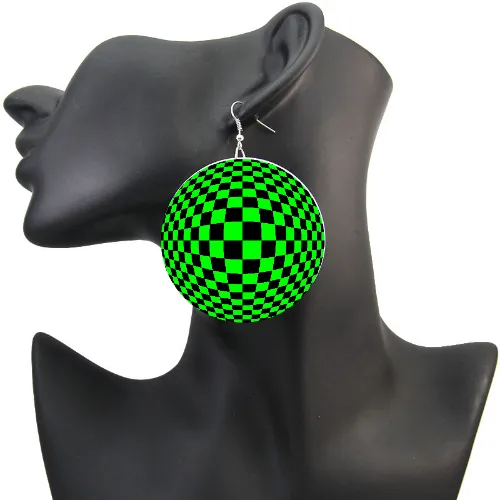 Optical illusion trippy checkerboard earrings in bright cyber lime green look 3D