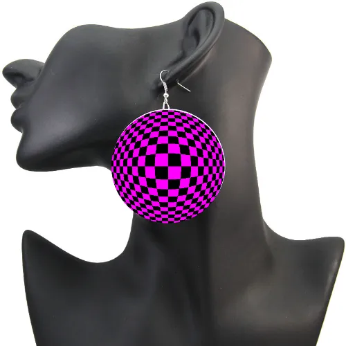 Optical illusion trippy checkerboard earrings look 3D! Cyber hot pink