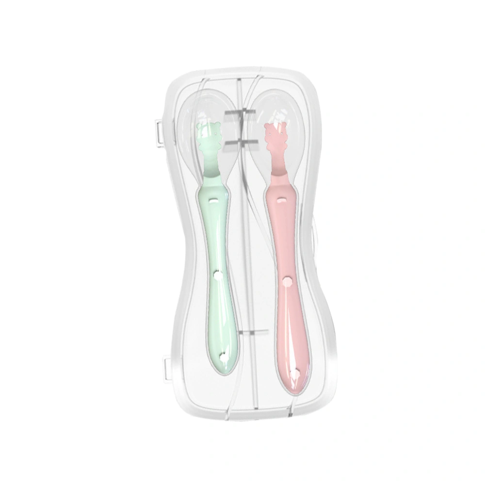 2pcs Silicone Baby Spoon Baby Spoon Supplement Water Feeding Tool Rice Paddle Food Service Spoon with Box (Pink, Green)