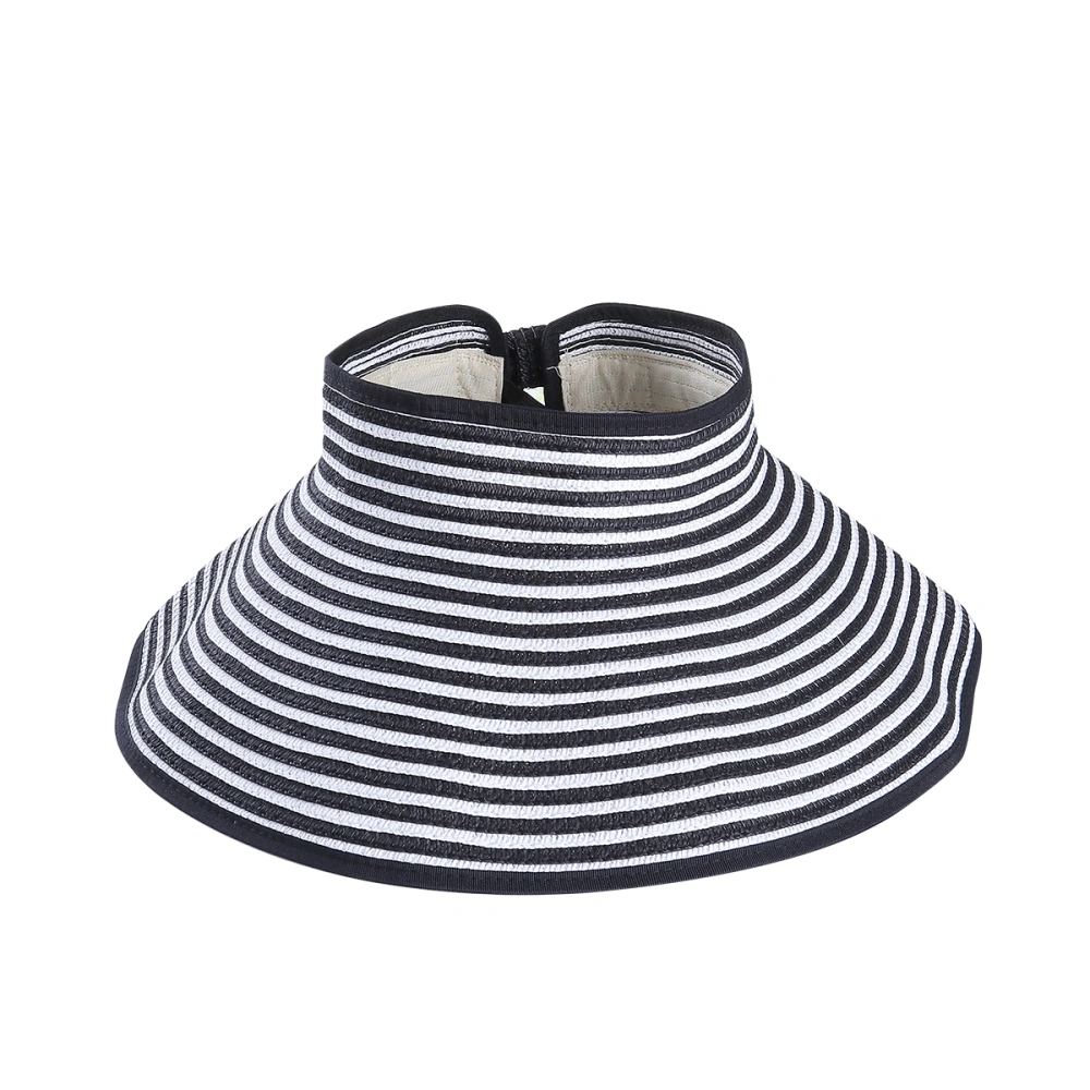 Children Summer Sun Protection Beach Folding Wide Brim Stripe Straw Hat Sunhat (Black)