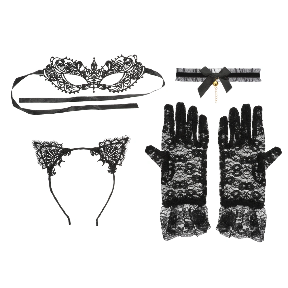 1 Set of Dancing Party Headband Choker Gloves Lace Mask Female Cat Cosplay Costume