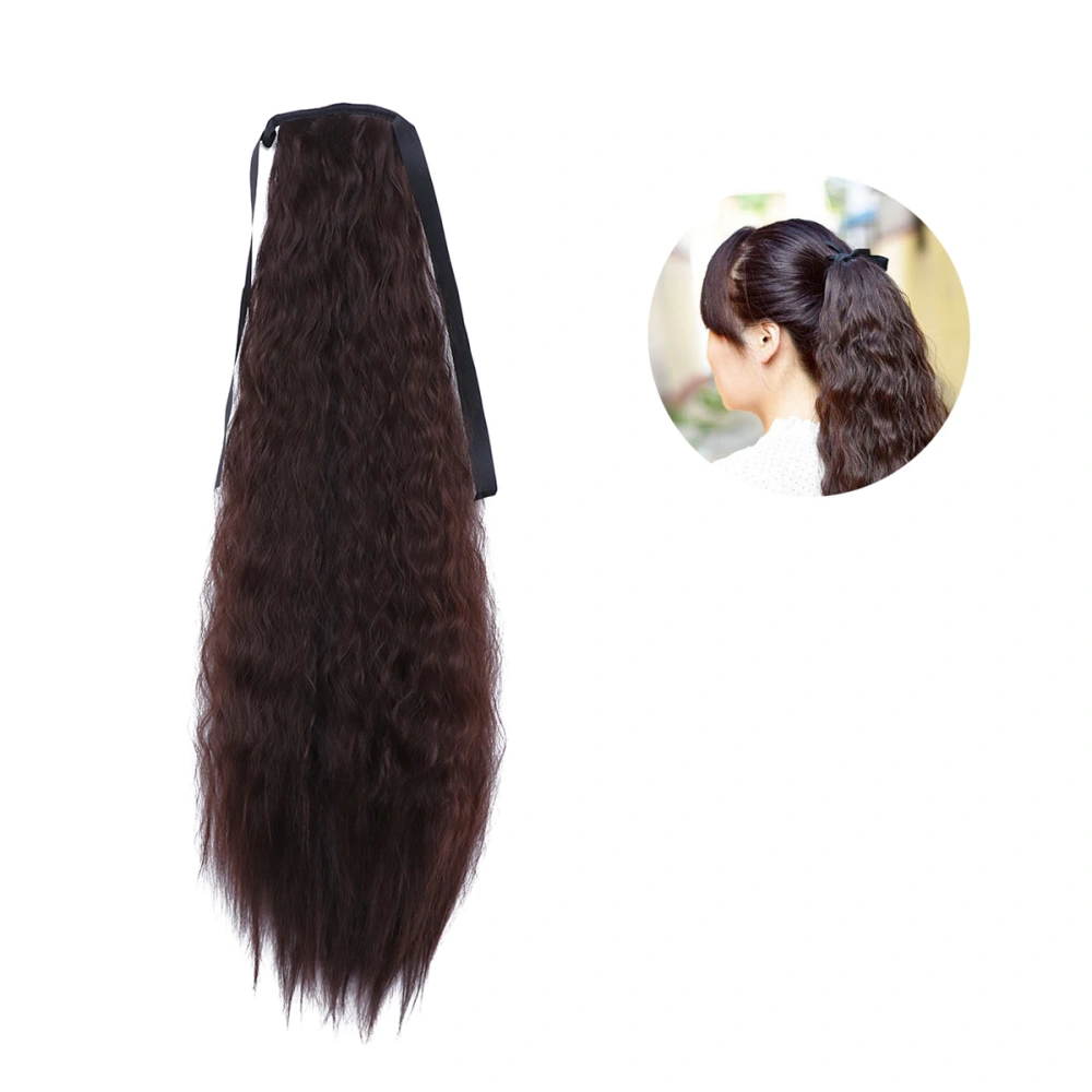 1pc Long Corn Curly Hair Wig Ribbon Ponytails Drawstring Synthetic Hairpiece Wavy Ponytail Hair Extensions (Dark Brown)