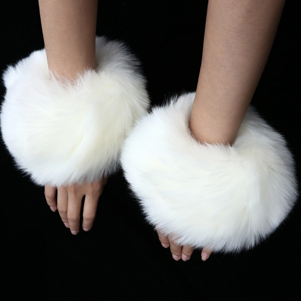 1 Pair White Faux Fur Arm Warmers Furry Wrist Cuff Warmer Band Elastic Wrist Ring Gifts Decor for Women Party Costumes One Size