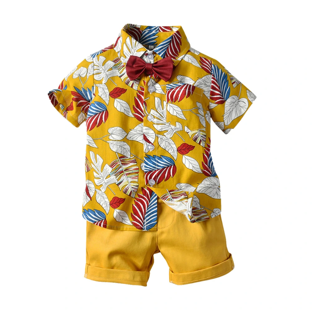 Fashion Boys Clothes Suit Summer Flowers Printing Outfits Short Sleeve Shirt and Pants (Yellow for 130cm Height)