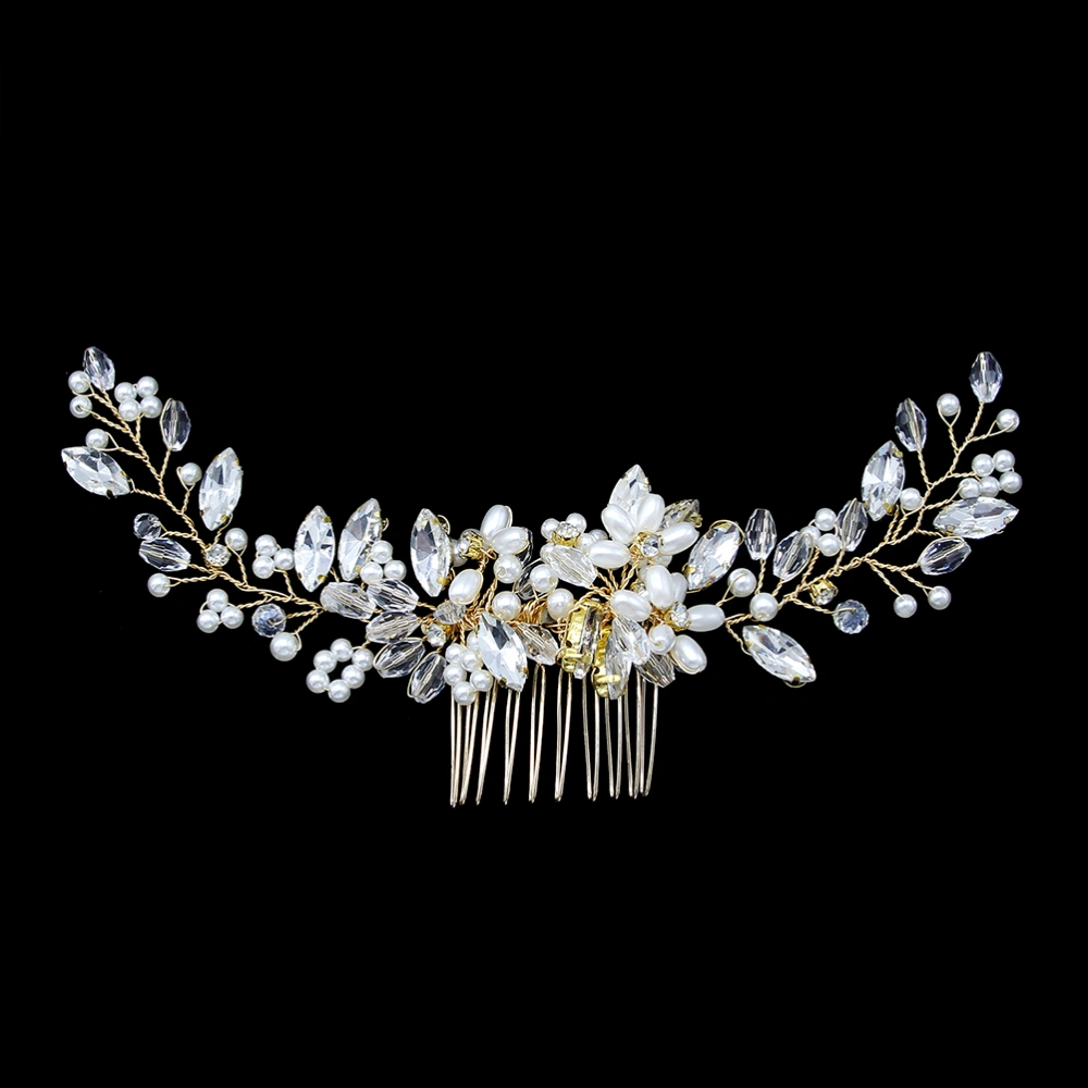 Golden Floral Hair Comb Artificial Pearl Headdress Rhinestone Hair Comb Accessories Elegant Crystal Bridal Hair Decoration Wedding Photo Props