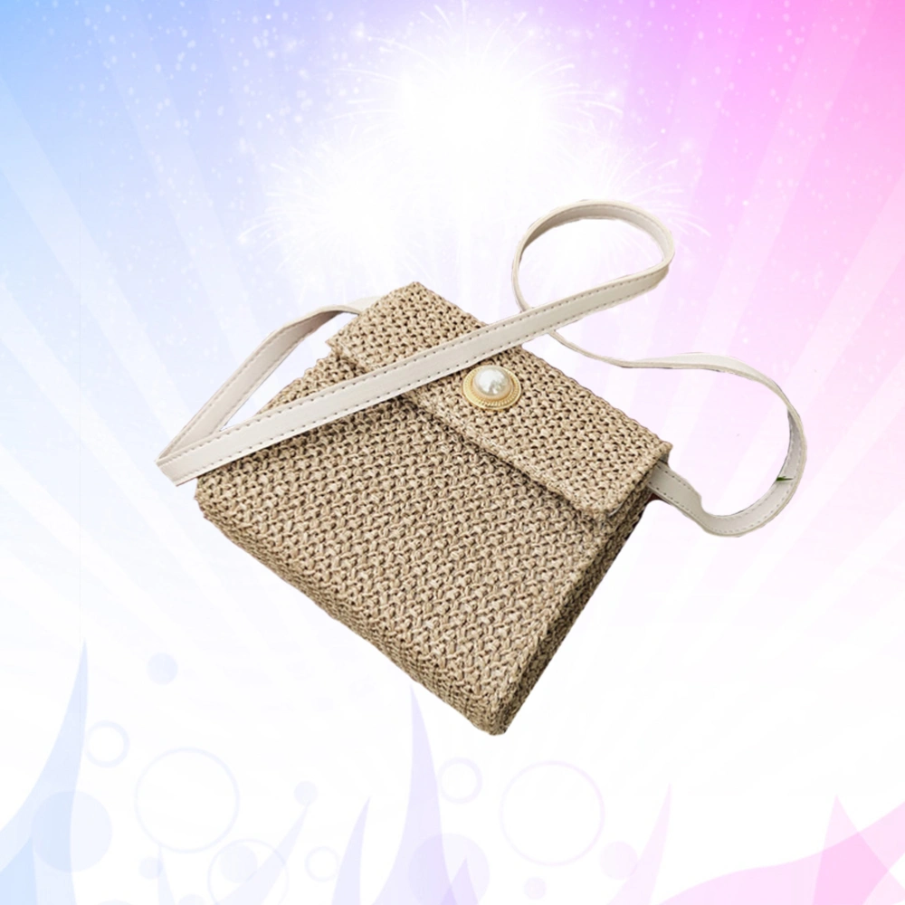 Summer Straw Woven Bag Fashion Shoulder Bag Pearl Decor Crossbody Bag Square Storage Bag (Khaki)