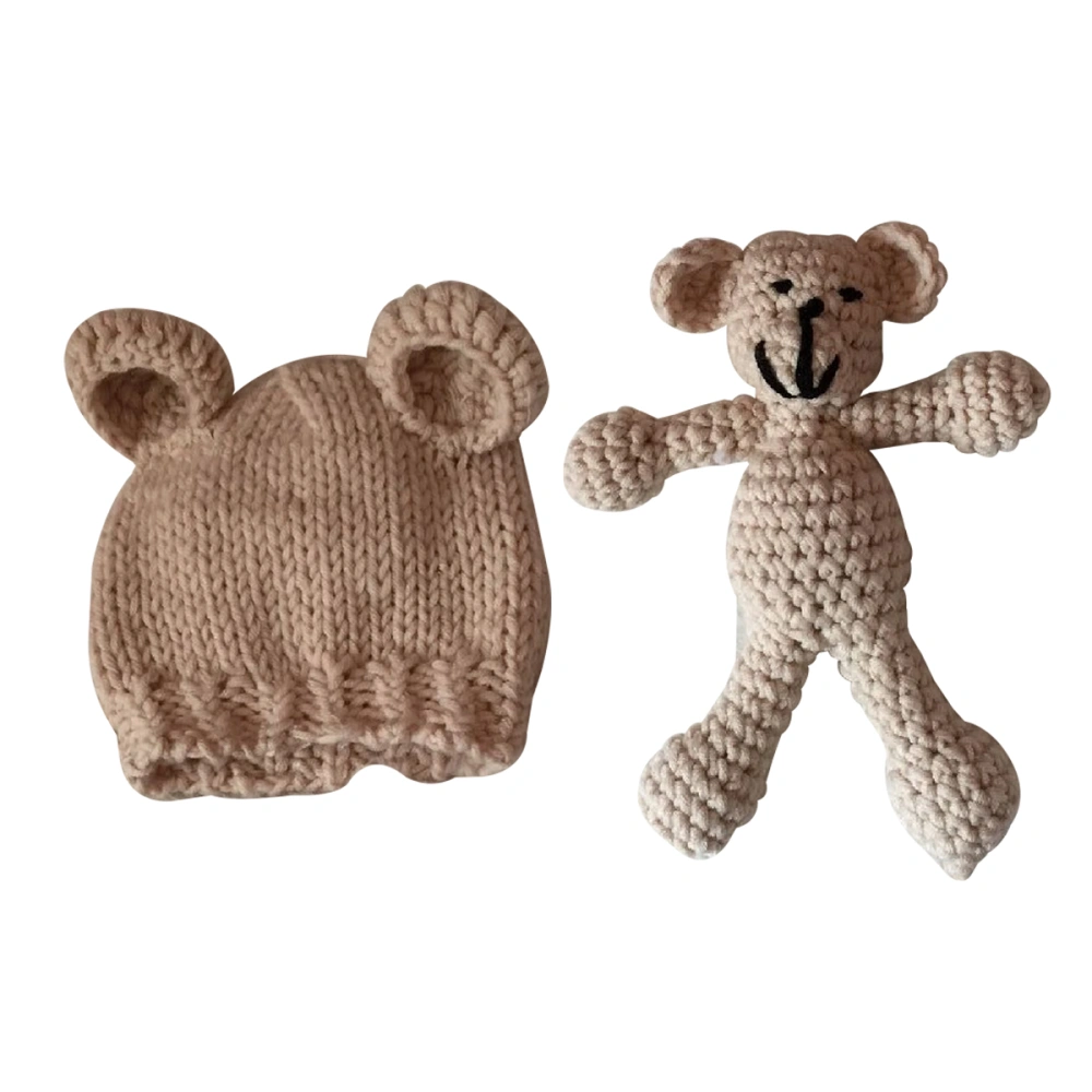 Newborn Photography Props Knitted Hat Boys Girls Photo Shoot with Crochet Toy Bear (Beige)