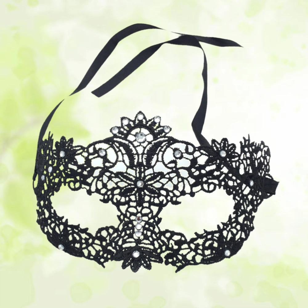 Women's Classic Masquerade Lace Eye Mask Flower Heart Half Face Mask with Diamond for Halloween Party(Black)