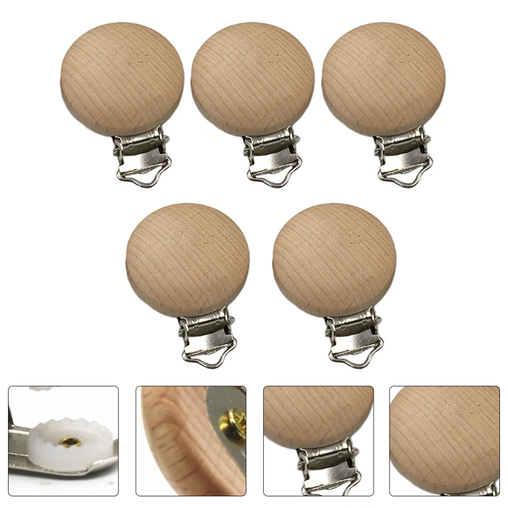 5pcs Round-shaped Pacifier Clips Wooden Baby Suspender Clips Pacifier Chain Clip