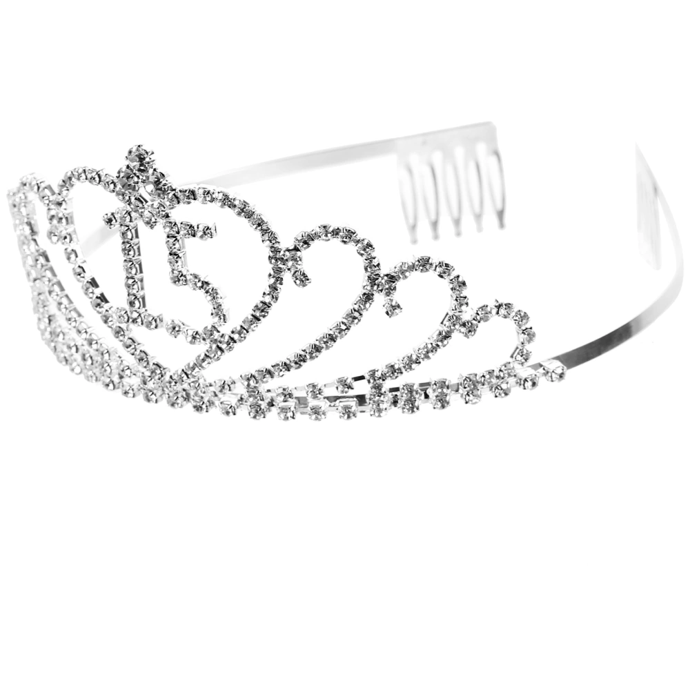 1PC 15th Birthday Crown Hollow Alloy Rhinestone Inlay Headband Hair Clasp with Comb for Party (Silver)