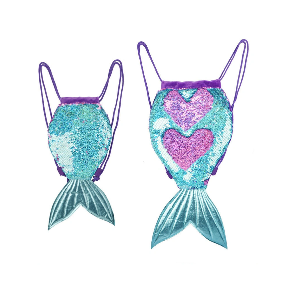 Mermaid Tail Sequin Backpack Drawstring Glitter Bag Storage Shoulder Bag For School Gym Dance (Turquoise Purple, Large Size)