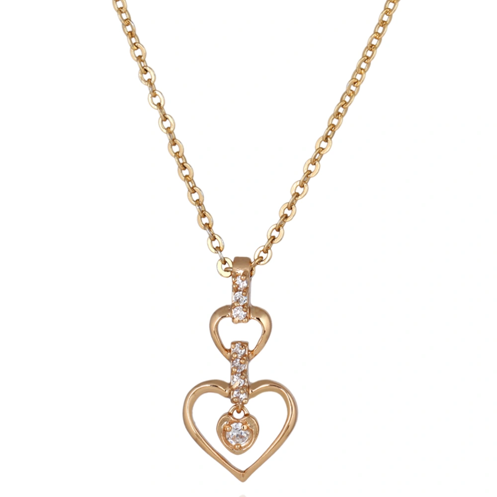 Women Necklace Hollow out Double Hearts Shape Temperament Dazzling Zircon Chain Pendant Necklace (Golden)