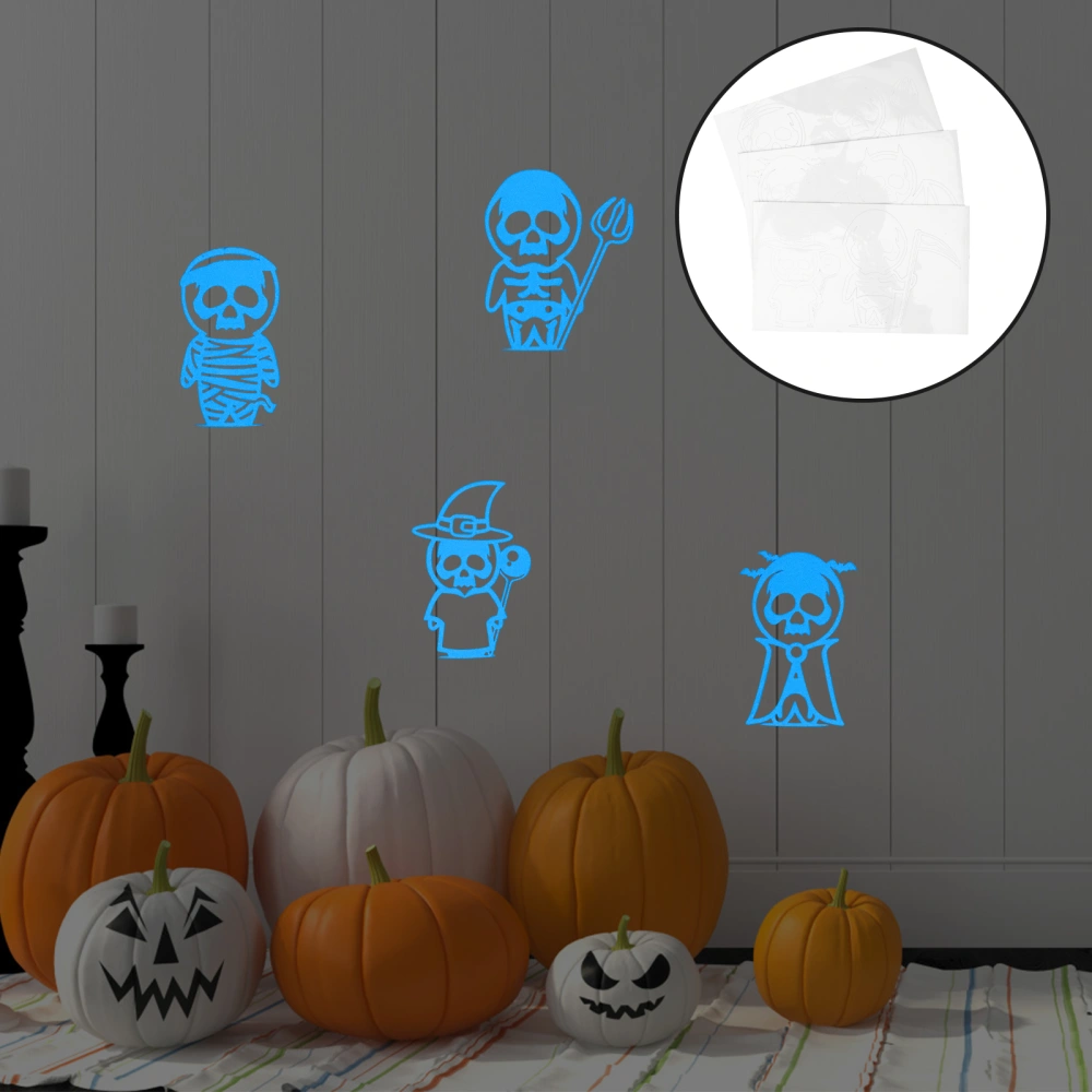 6Pcs Halloween Glowing Stickers Skeleton Pattern Stickers Wall Decors Bar Decals