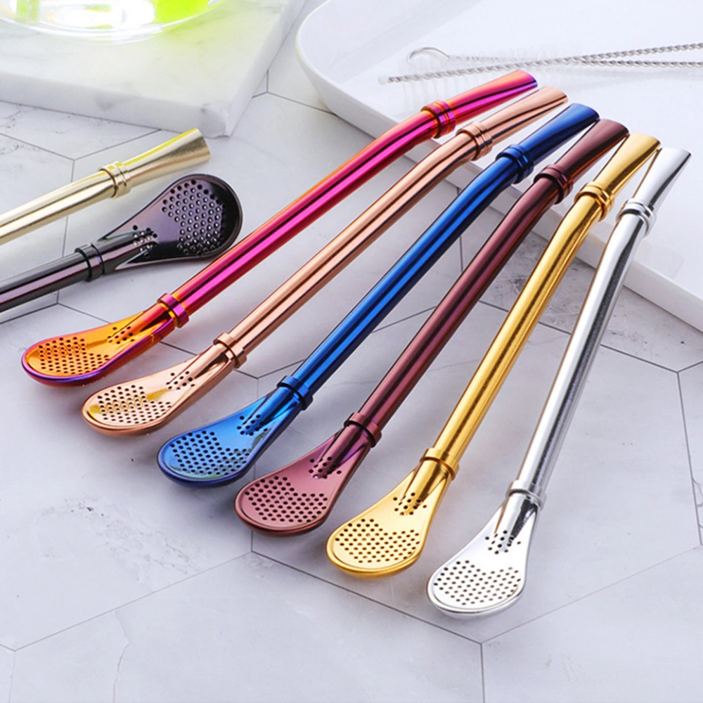 2pcs Creative Filting Mixing Spoon Durable Stainless Steel Straws Spoon Multifunctional Filter Stir Spoon for Drinking (Red)