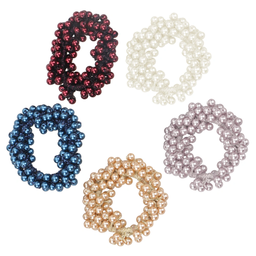 5 Pcs Pearl Hair Band Crystal Balls Hair Tie Handmade Cloth Beaded Hair Ring  for Women Girls (Mixed Color)