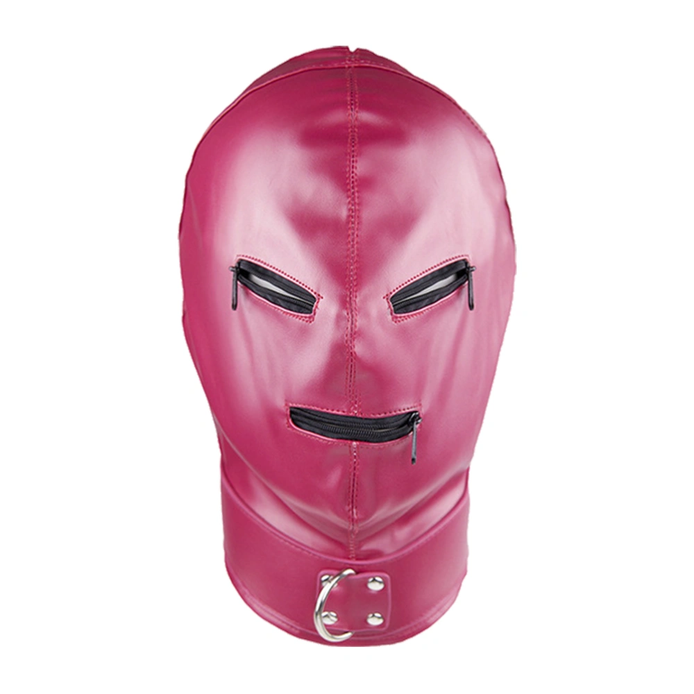 Adjustable PU Leather Head Bondage Hood Mask Open Eye Mouth with Zipper Erotic Couple Flirting Toys(Rose Red)