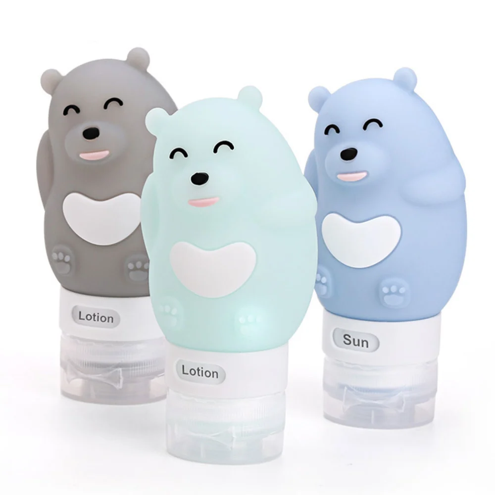 3pcs Cartoon Animal Shape Travel Dispenser Bottle Travel Bottle Portable Silicone for Shampoo Liquid (Little Bear Cyan, Little Bear Grey, Little Bear Blue)