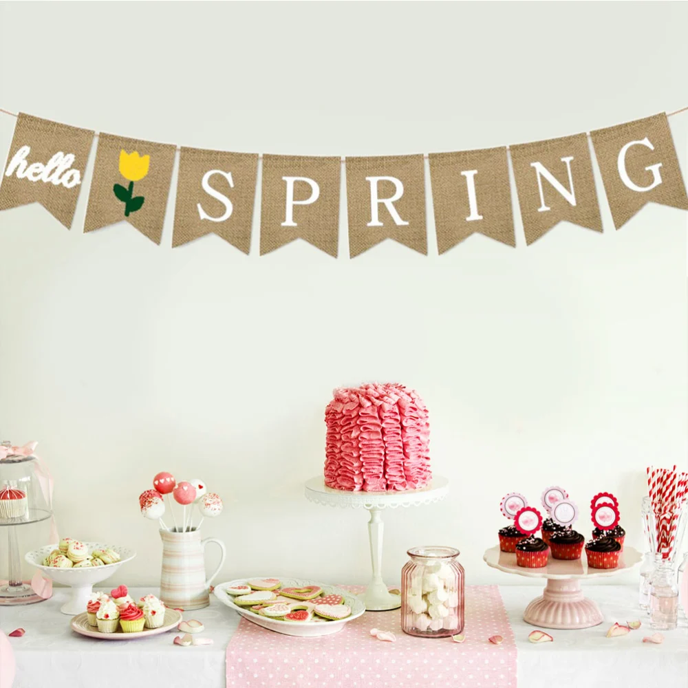 Hello Spring Letters Bunting Banner Decorative Burlap Banner Party Supplies for Party Festival Celebration