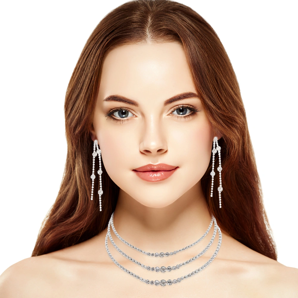 1 Set Silver Prom Jewelry Bridal Drop Earrings Necklace Set Women Banquet Jewelry