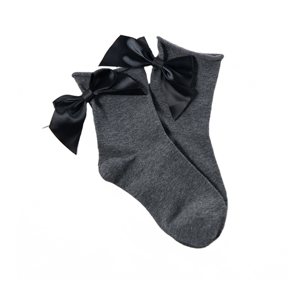 Lady Cotton Short Socks Fashion Big Bowknot Ankle Socks for Women (Dark Grey and Black)