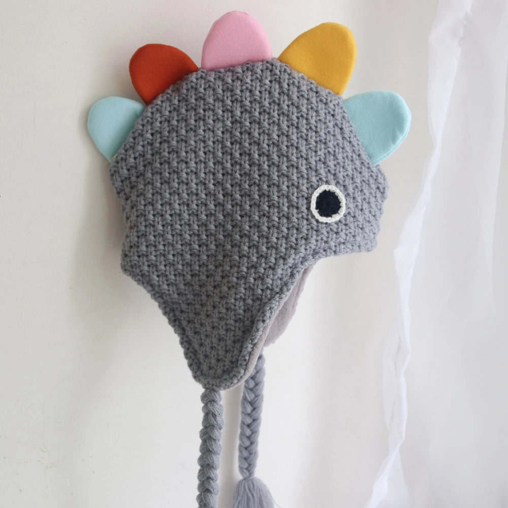 Grey Adorable Kids Hats Dinosaur Design Warm Wool Knitted Earmuffs Hat Children Funny Handcraft Earflaps Beanie for Autumn Winter (Suitable for 6-36 Months Kids)