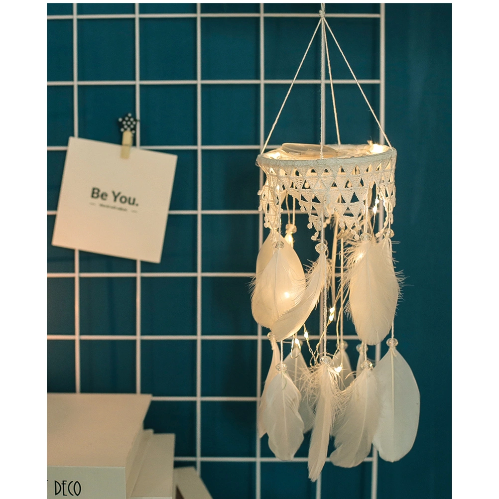 Lace Lantern Dream Catcher Hanging Ornament Feather Wind Chimes Car Hanging Pendant (White)